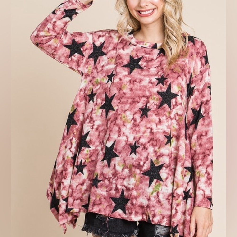 Deep Pink Star Patterned Tie Dye Women's Top
